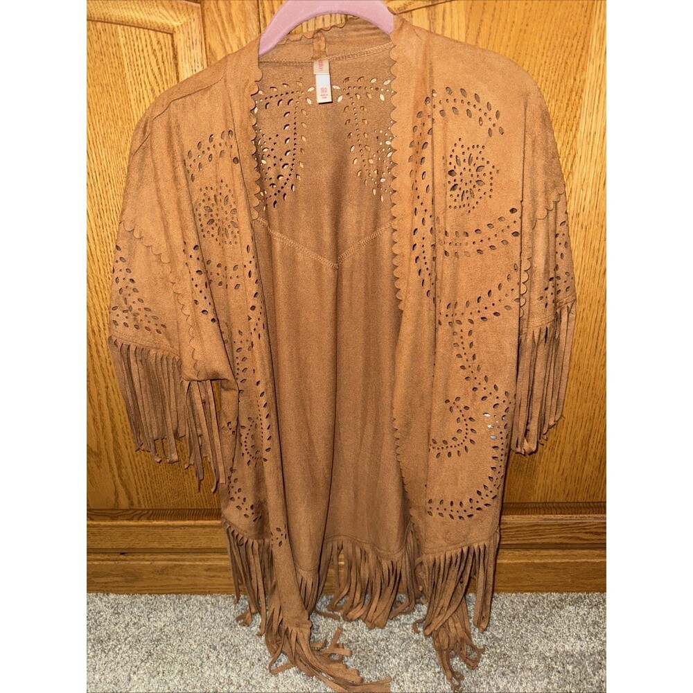 Y2K Faux Suede Fringe Vest Festival Western Cut Out XS -Small Cowgirl Boho Brown